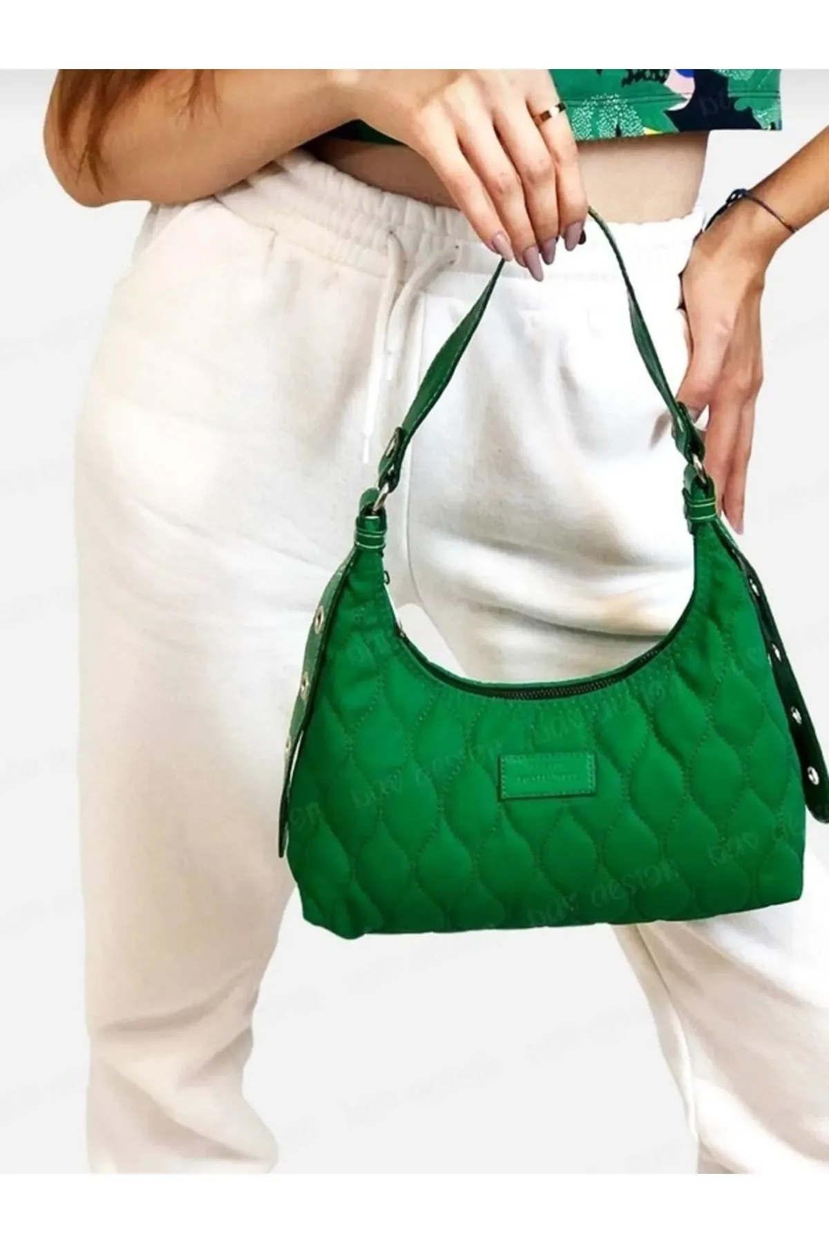 Kadın Yeşil Kapitone Desenli Baget El Ve Omuz Çantası