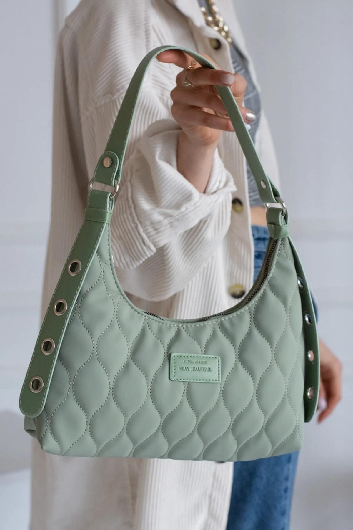 Kadın Mint Yeşili Kapitone Desenli Baget El Ve Omuz Çantası