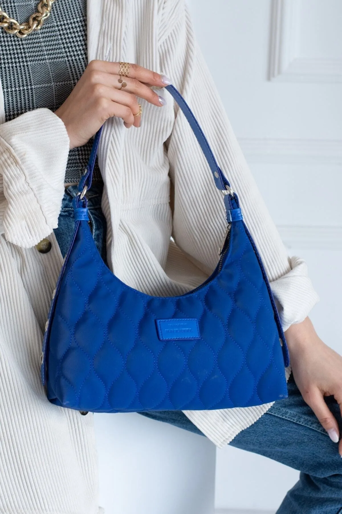 Kadın Saks Mavi Kapitone Desenli Baget El Ve Omuz Çantası